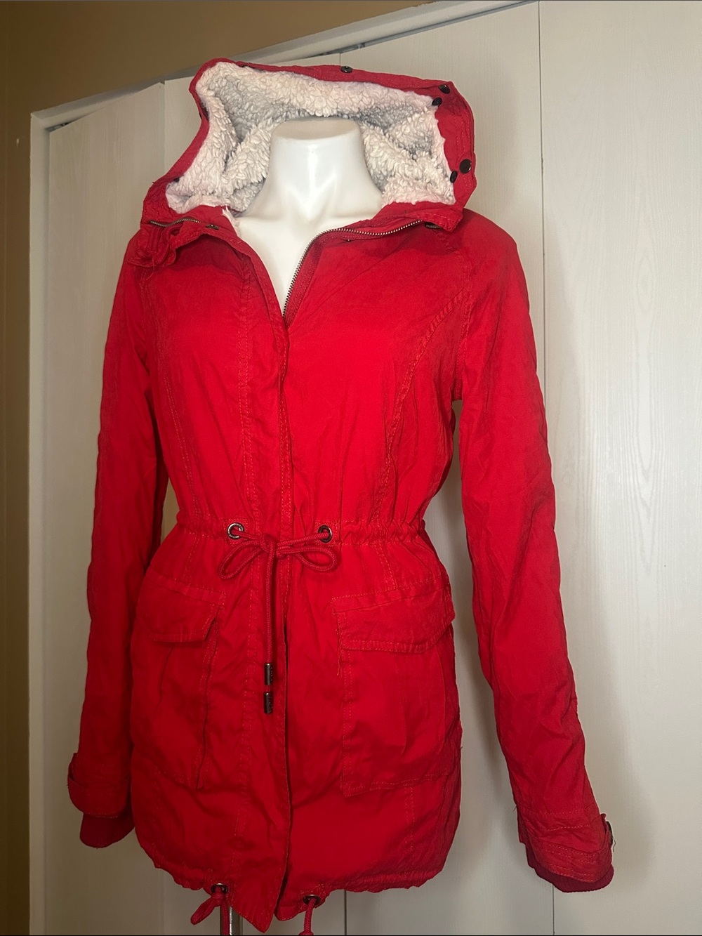 Aeropostale Red Hooded Utility Jacket with Sherpa Lining